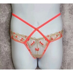Victoria's Secret Dream Angels Cheekini Women L Coral Gold Floral Strappy Panty